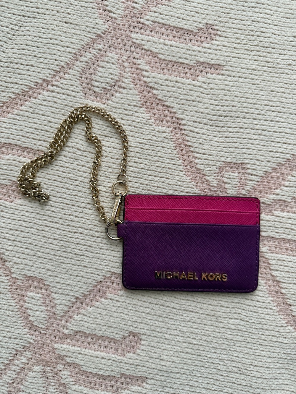 Michael Kors Purple and Pink Card Case with Gold Chain